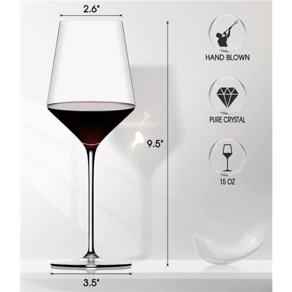 Red Wine Glasses Set of 4-Premium Crystal Wine Glasses Hand Blown-15 oz,Thin Rim - Picture 6 of 7